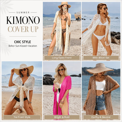 2026 Women’s Lightweight Knit Cardigan – Oversized Open Front, Hollow-Out Crochet Tassel Kimono Sweater for Spring & Summer