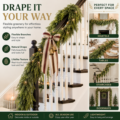 CHRISTMAS FAVORITE | Artificial Cedar Garland 2-Pack – 6 FT Faux Greenery for Mantels, Tables, Stairs & Walls