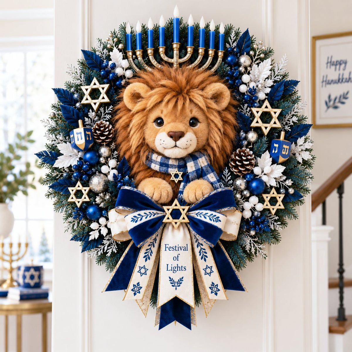 Lion of Judah Hanukkah Lighted Wreath - A Warm & Meaningful Welcome for the Festival of Lights