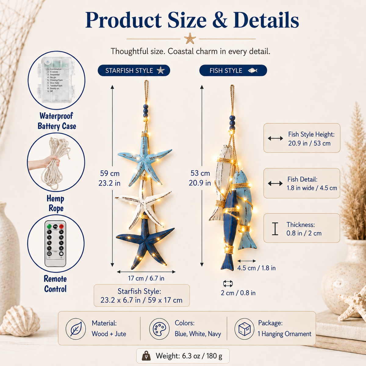 2026 HOT SALELighted Coastal Wooden Starfish & Fish Hanging Decor