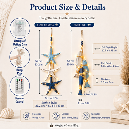 2026 HOT SALELighted Coastal Wooden Starfish & Fish Hanging Decor