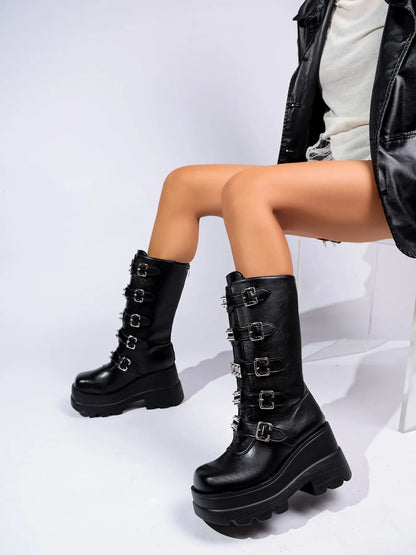 Women's Gothic Mid-Calf Boots – Chunky Sole, High Heel