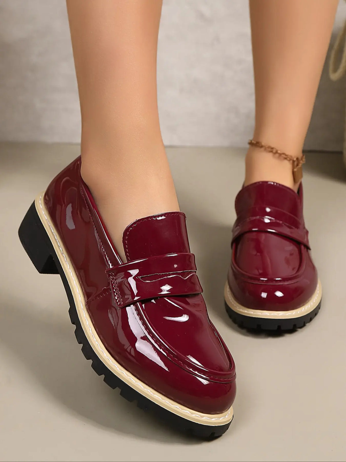 Women's Faux Leather Loafers – Pointed Toe, Chunky Sole, Low Heel