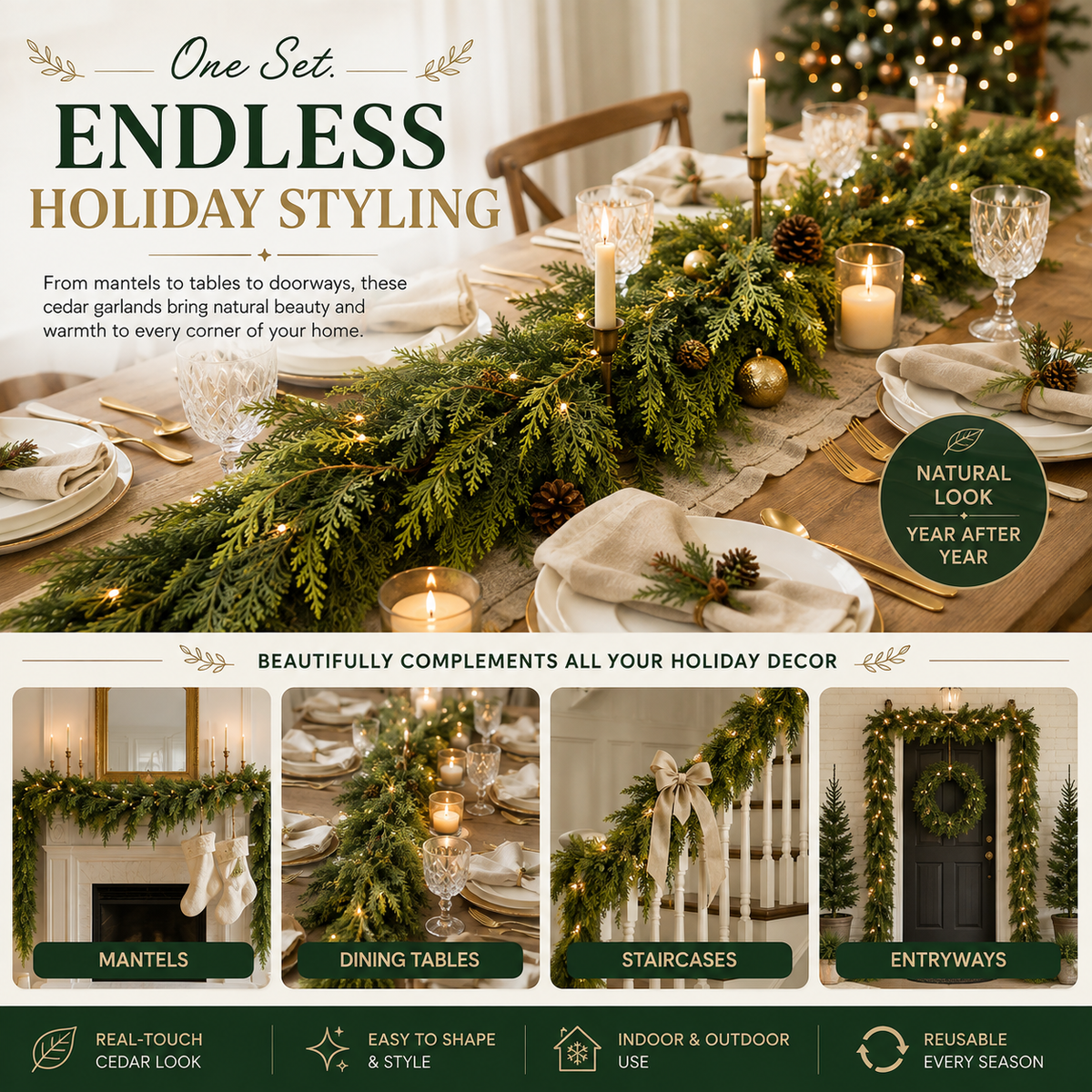 CHRISTMAS FAVORITE | Artificial Cedar Garland 2-Pack – 6 FT Faux Greenery for Mantels, Tables, Stairs & Walls