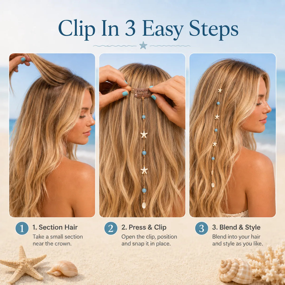 Beachy Mermaid Hair Accent Clip (Featuring blue bead accents, starfish, and shell charms)