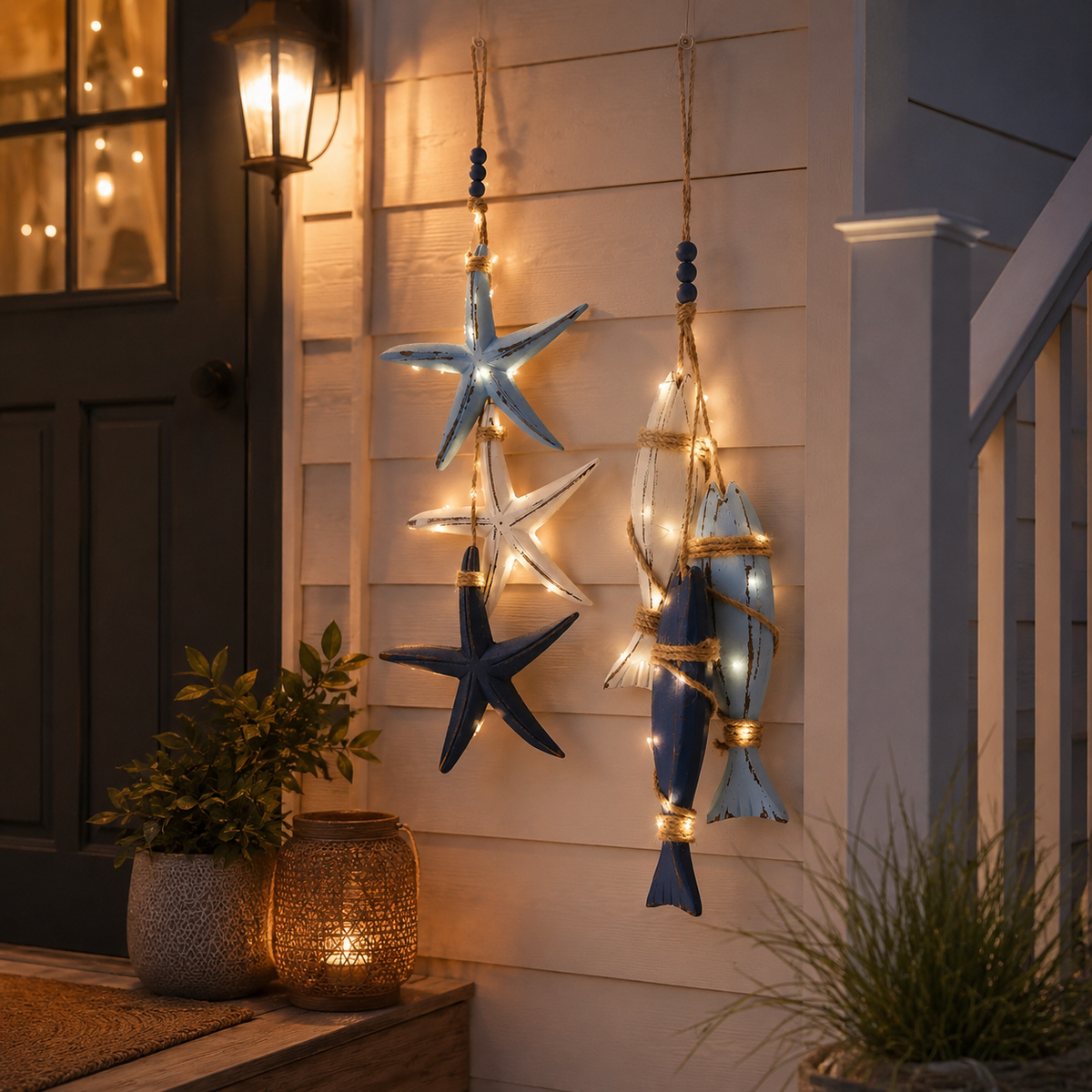 2026 HOT SALELighted Coastal Wooden Starfish & Fish Hanging Decor