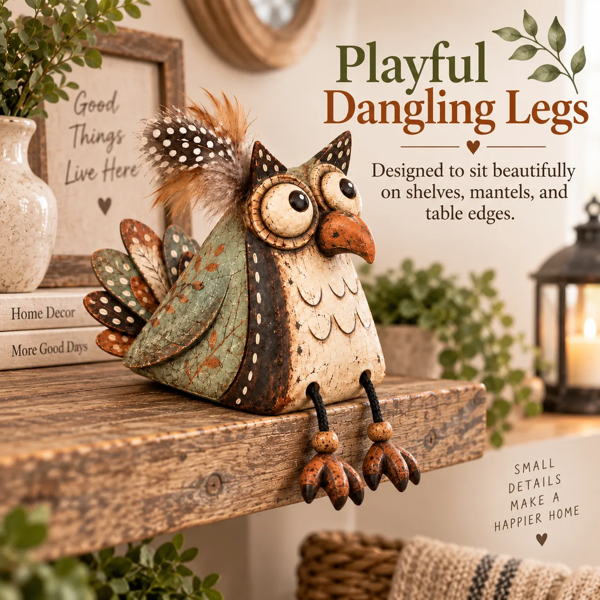 Hearthside Hoot™ Rustic Owl Shelf Sitter with Dangling Legs