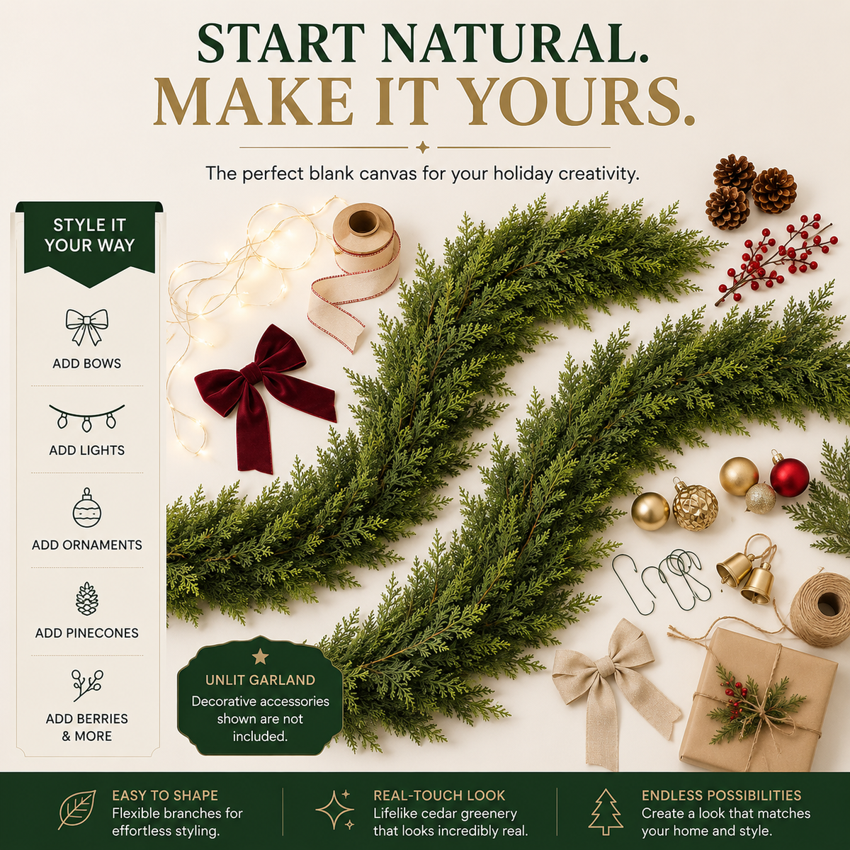 CHRISTMAS FAVORITE | Artificial Cedar Garland 2-Pack – 6 FT Faux Greenery for Mantels, Tables, Stairs & Walls