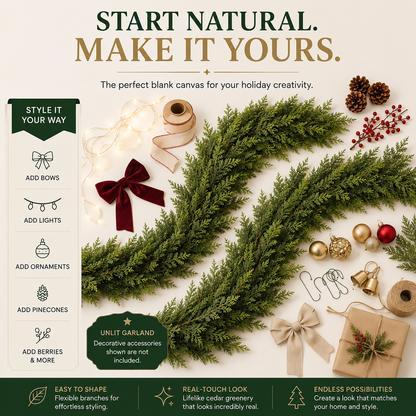 CHRISTMAS FAVORITE | Artificial Cedar Garland 2-Pack – 6 FT Faux Greenery for Mantels, Tables, Stairs & Walls