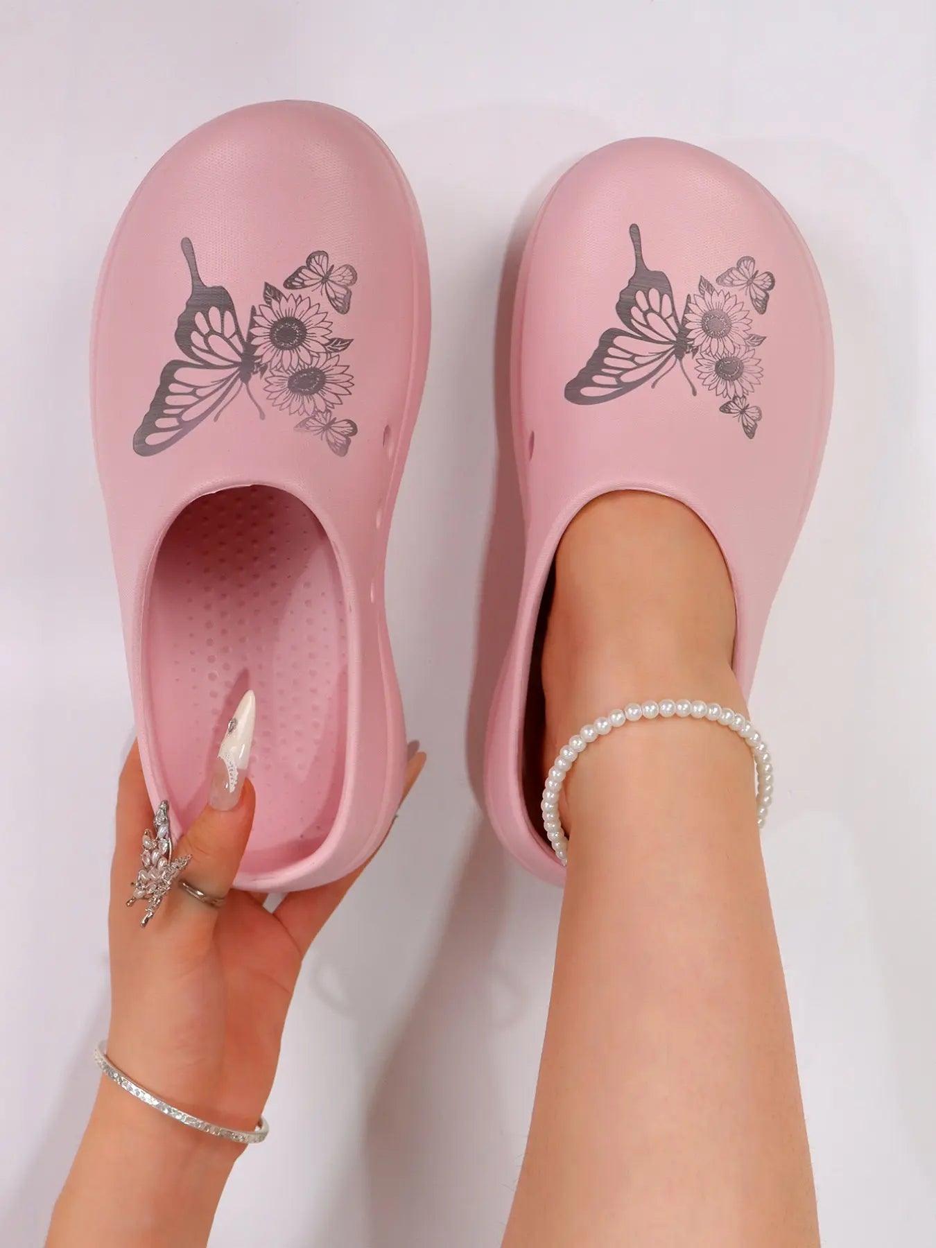 Women's Butterfly Print Floral Slides – Round Toe, Lightweight
