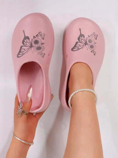 Women's Butterfly Print Floral Slides – Round Toe, Lightweight