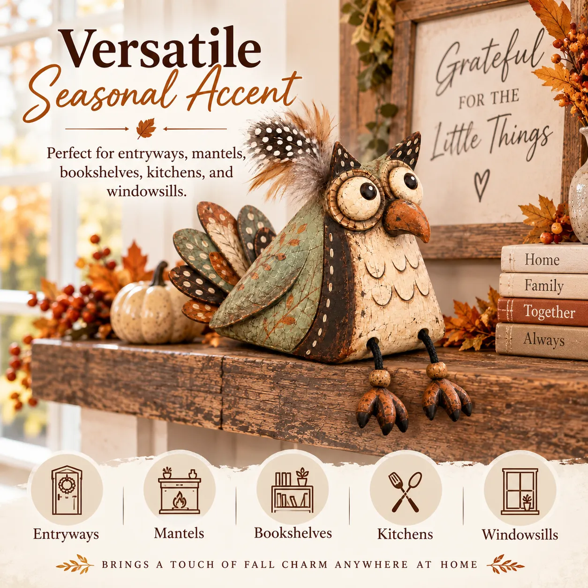 Hearthside Hoot™ Rustic Owl Shelf Sitter with Dangling Legs