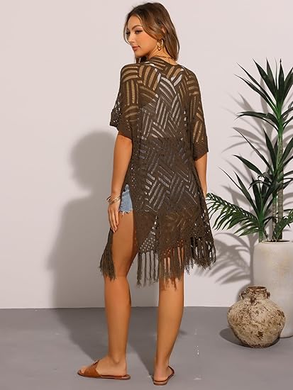 2026 Women’s Lightweight Knit Cardigan – Oversized Open Front, Hollow-Out Crochet Tassel Kimono Sweater for Spring & Summer