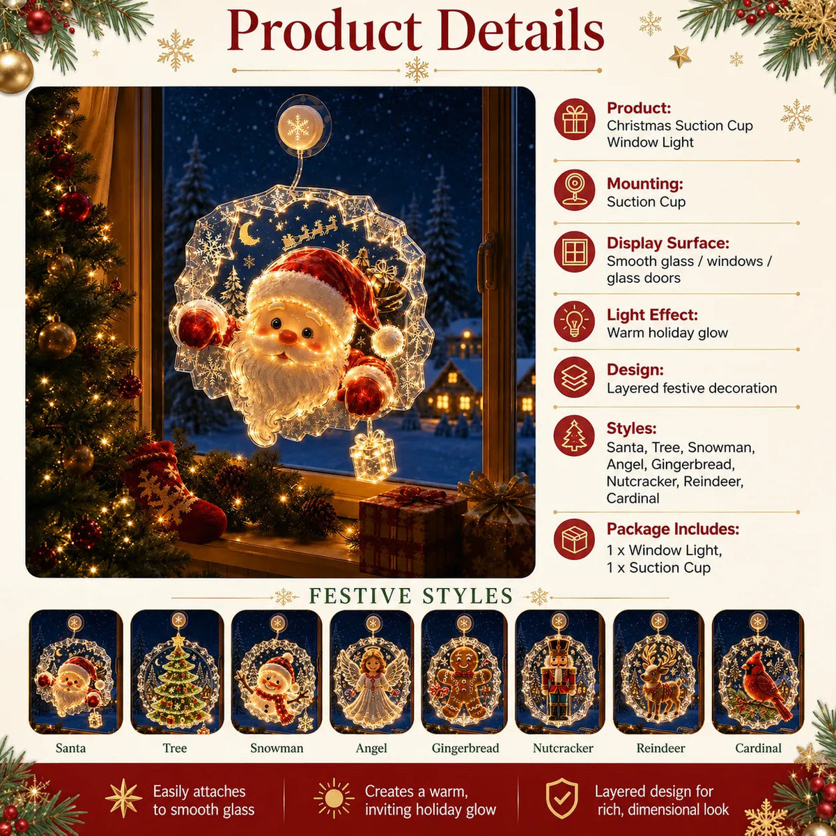Last Day 50% OFFLighted Christmas Window Decoration with Suction Cup | Warm LED Window Light with Double-Layer Design & Multiple Festive Styles Flat Version