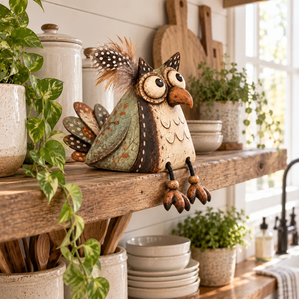 Hearthside Hoot™ Rustic Owl Shelf Sitter with Dangling Legs