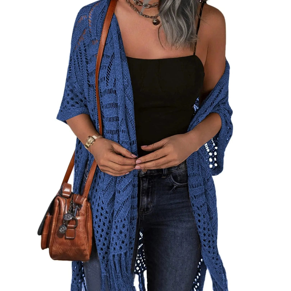 2026 Women’s Lightweight Knit Cardigan – Oversized Open Front, Hollow-Out Crochet Tassel Kimono Sweater for Spring & Summer