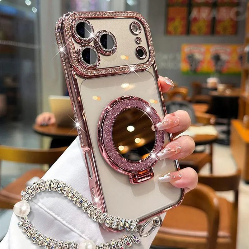 Sparkling Diamond Women's Phone Case with Mirror & Stand for iPhone 12/13/14/15/16/17 Pro Max,17Air,14/15/16 Plus