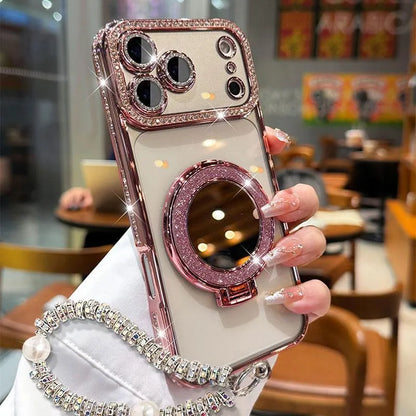 Sparkling Diamond Women's Phone Case with Mirror & Stand for iPhone 12/13/14/15/16/17 Pro Max,17Air,14/15/16 Plus