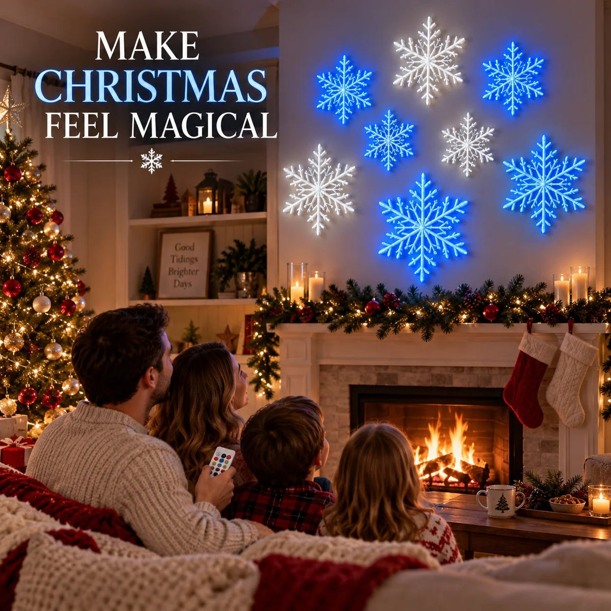 LED Snowflake Wall Lights | 3D Christmas Snowflake Décor with Blue & White Glow, Remote Control & Magical Indoor Holiday Atmosphere