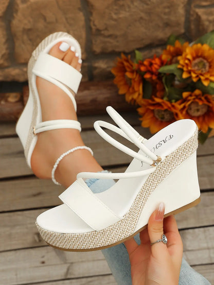 Women's Boho Faux Leather Wedge Sandals – Adjustable Strap