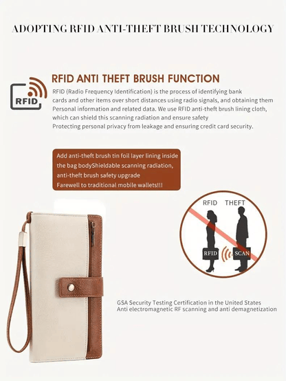 Women's long wallet, stylish clutch, elegant solid color RFID blocking leather wallet
