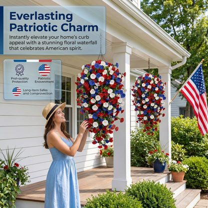 Patriotic Hanging Flower Baskets – Artificial Outdoor Decor, No Maintenance
