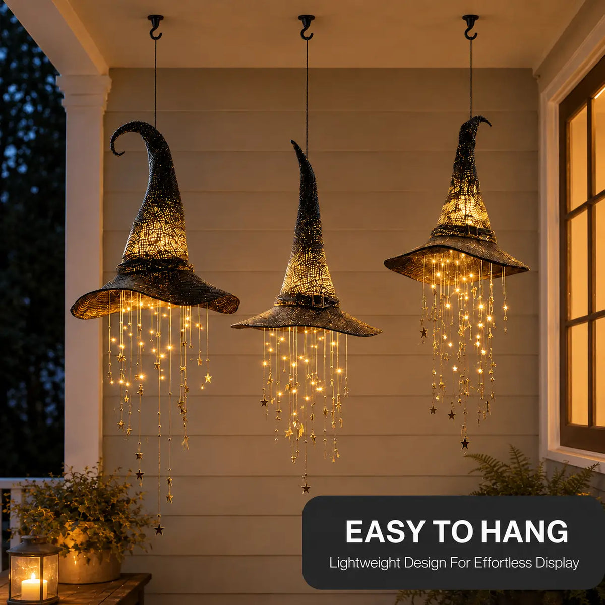 Lighted witch Hat Hanging Decor with Cascading Stars