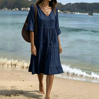 2026 Women’s Airy Cotton Tie-Waist Dress – Breathable A-Line Half Sleeve Dress for Spring & Summer