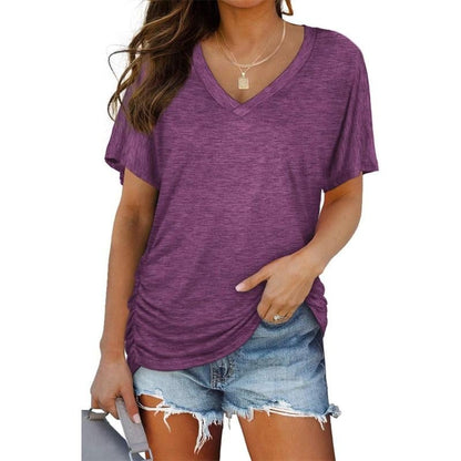 Womens Short Sleeve V Neck Dolman Tops with Side Shirring Loose Fit Shirts