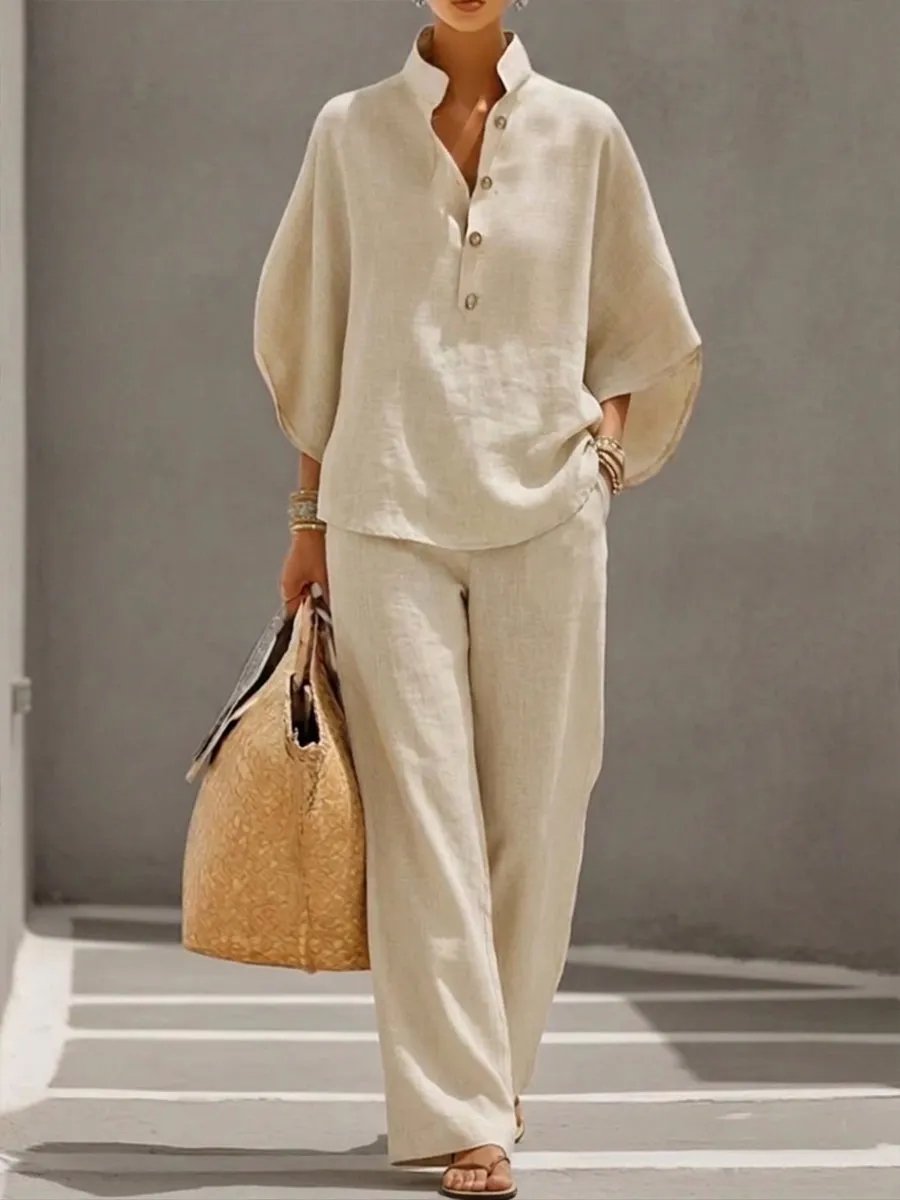 Women's Batwing Sleeve Two-Piece Set – Casual Shirt & Wide Leg Pants Outfit