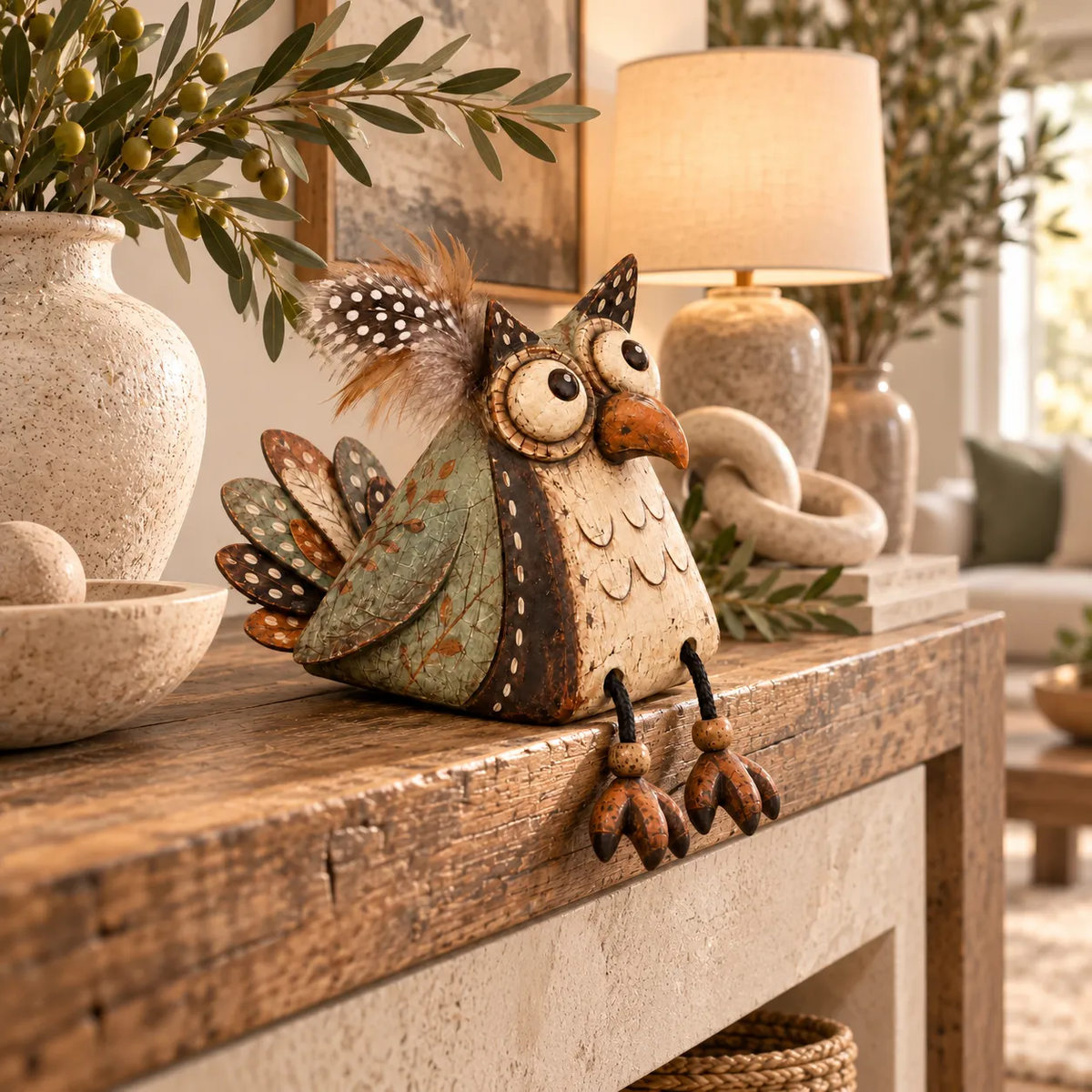 Hearthside Hoot™ Rustic Owl Shelf Sitter with Dangling Legs
