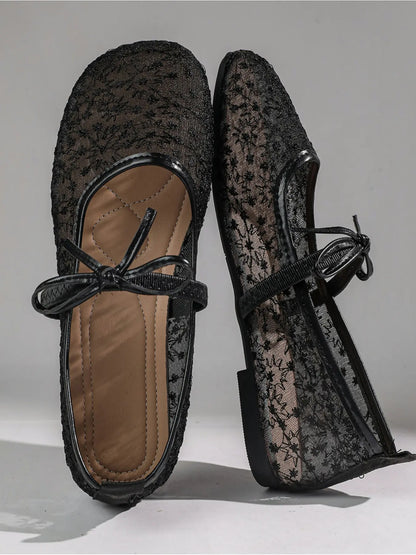 Women's Mesh Mary Jane Flats – Round Toe, Bow