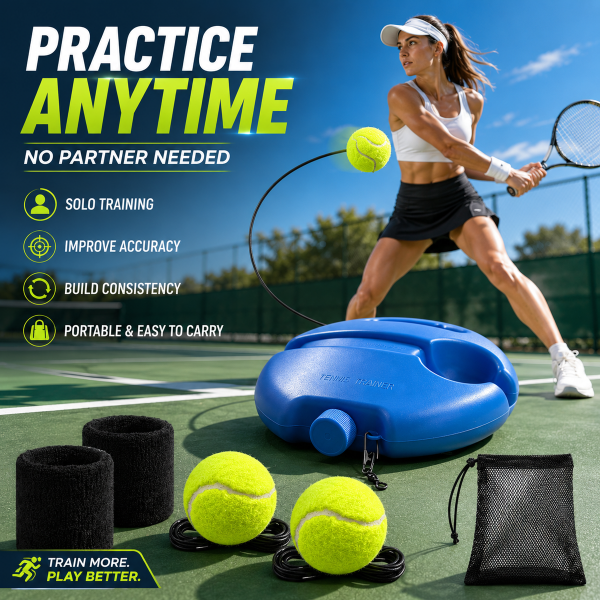 Solo Tennis Trainer Rebound Set – Practice Anytime, No Partner Needed，3 Balls