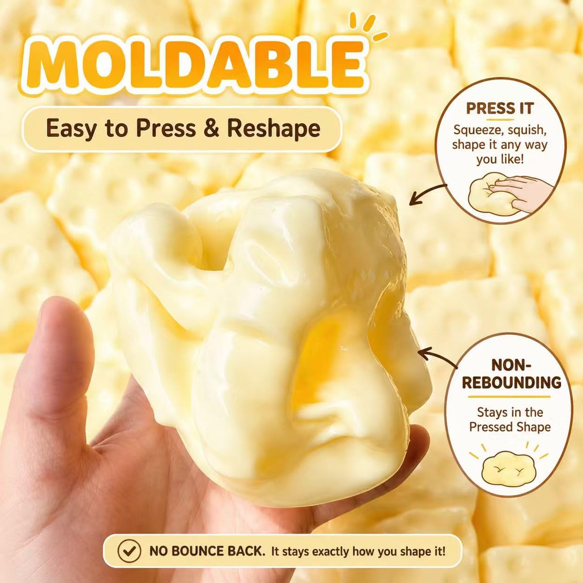 Cheese Cube Squishy Toy, Soft Moldable Petroleum Jelly-Filled Squeeze Ball