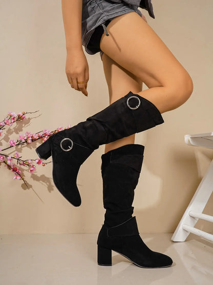 Women's Vintage Velvet Mid-Calf Boots – Chunky Sole