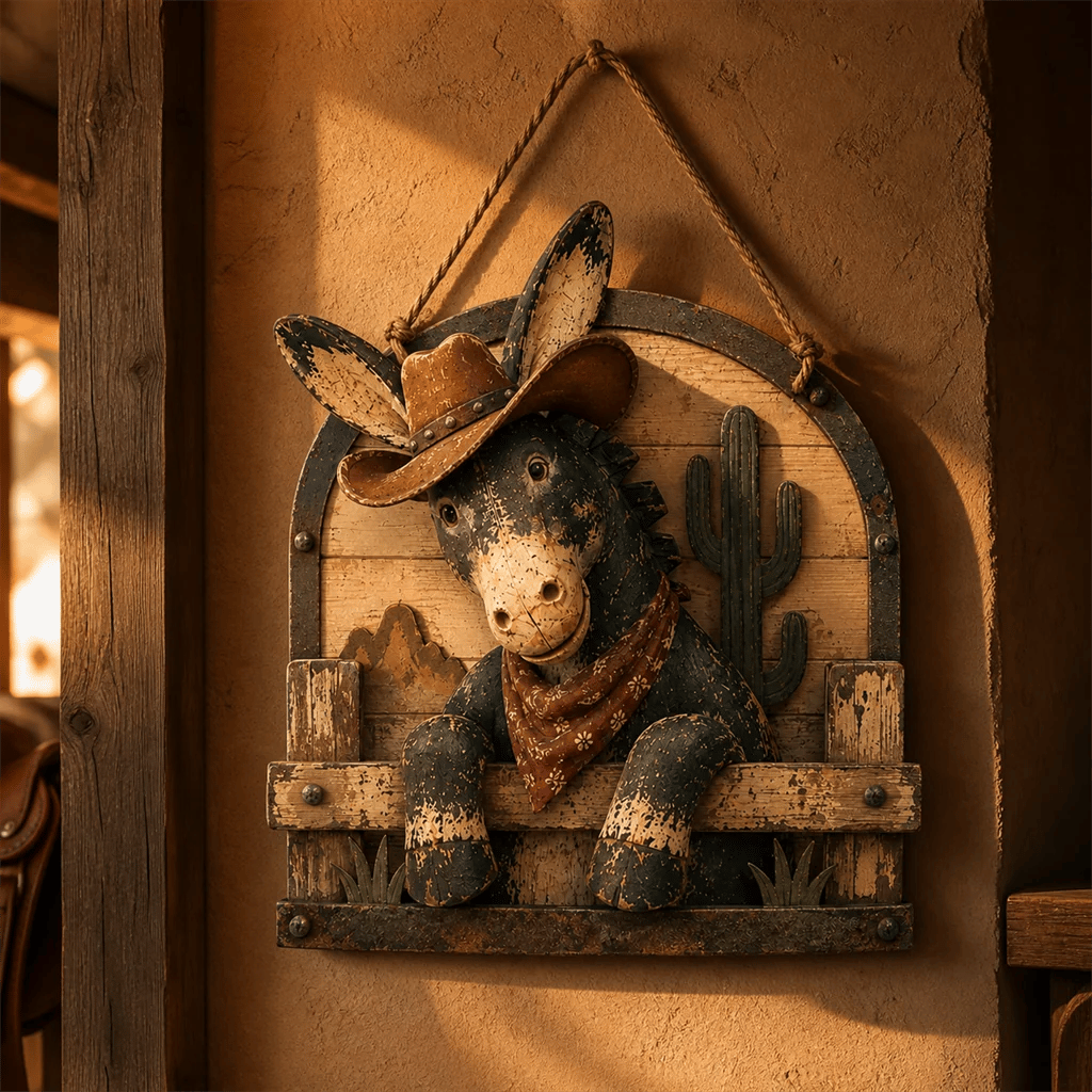 Rustic Cowboy Donkey Wall Hanging – Western Farmhouse Décor & Country Keepsake