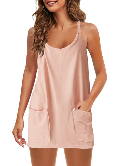 Women's Sleeveless Sports Dress - Athletic V-Neck Spaghetti Strap Mini Sundress