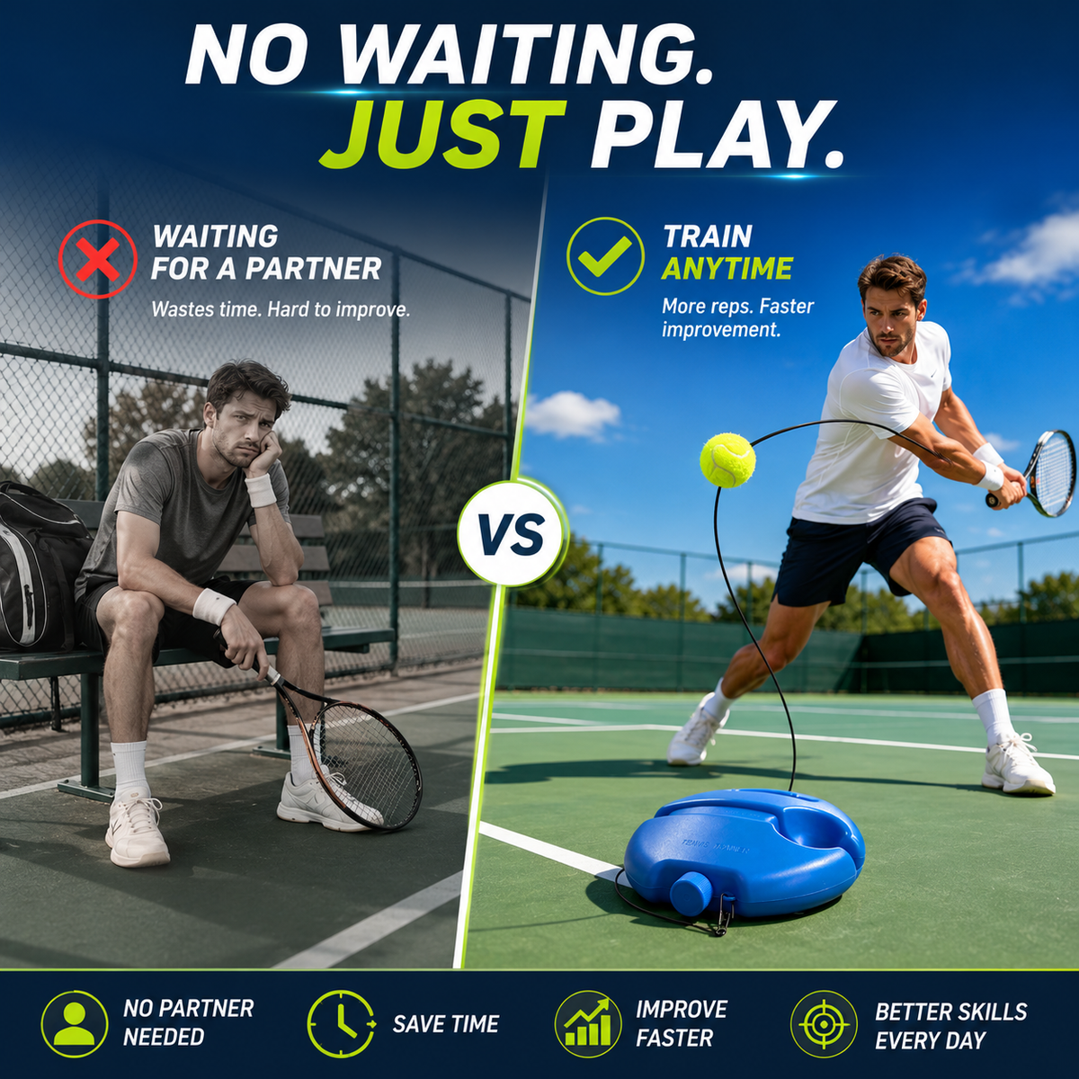 Solo Tennis Trainer Rebound Set – Practice Anytime, No Partner Needed，3 Balls