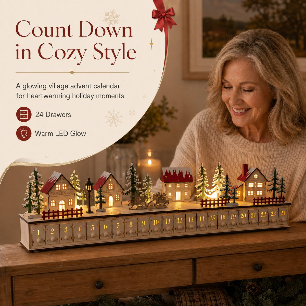 Christmas Magic Lighted Wooden Christmas Advent Calendar 24 Drawers for Festive Holiday Countdown