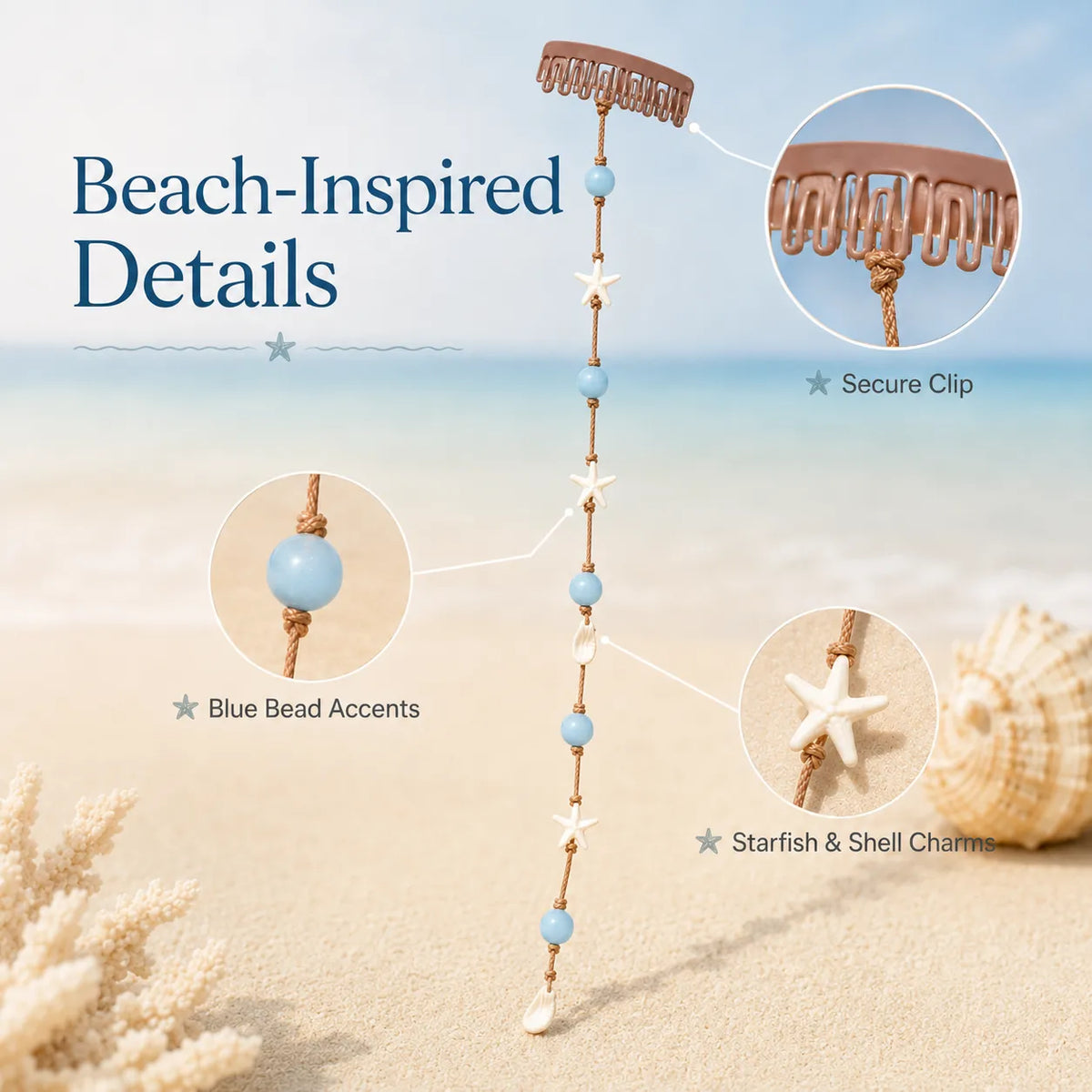 Beachy Mermaid Hair Accent Clip (Featuring blue bead accents, starfish, and shell charms)