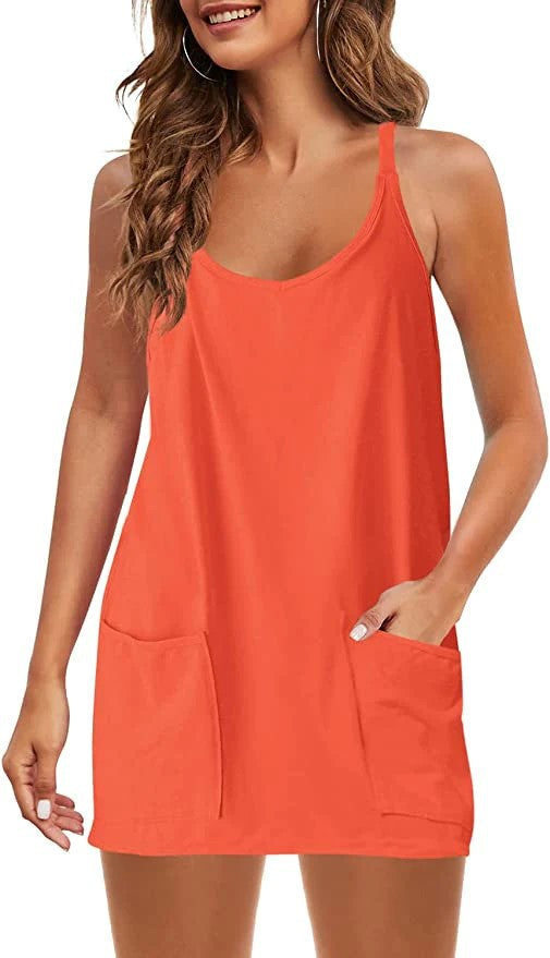 Women's Sleeveless Sports Dress - Athletic V-Neck Spaghetti Strap Mini Sundress