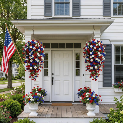 Patriotic Hanging Flower Baskets – Artificial Outdoor Decor, No Maintenance