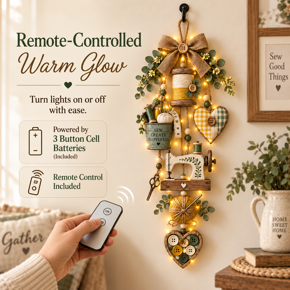 Rustic Wooden Sewing - Themed Hanging Ornament with Remote Control Fairy Lights