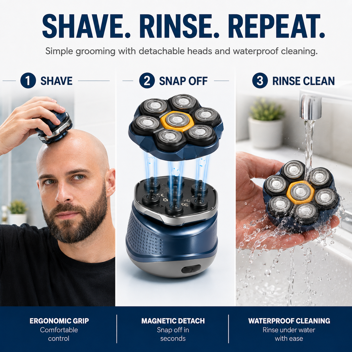 7D Floating Head Shaver for Men – Cordless Waterproof Electric Bald Head Razor