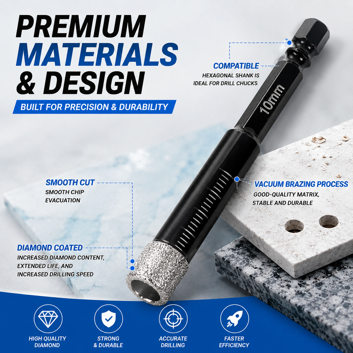 6-Piece Diamond Drill Bit Set – Clean Dry Drilling for Tile, Glass & Stone