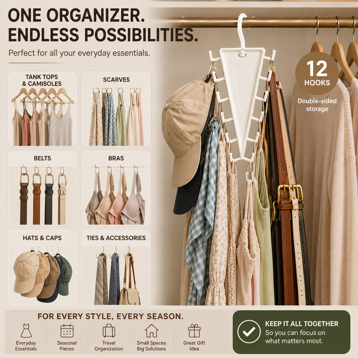 12-Hook Rotating Closet Organizer – Save Space & Keep Accessories Organized
