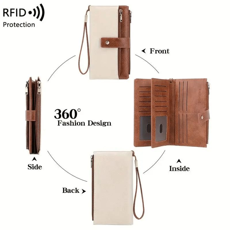 Women's long wallet, stylish clutch, elegant solid color RFID blocking leather wallet