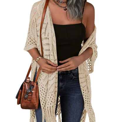 2026 Women’s Lightweight Knit Cardigan – Oversized Open Front, Hollow-Out Crochet Tassel Kimono Sweater for Spring & Summer