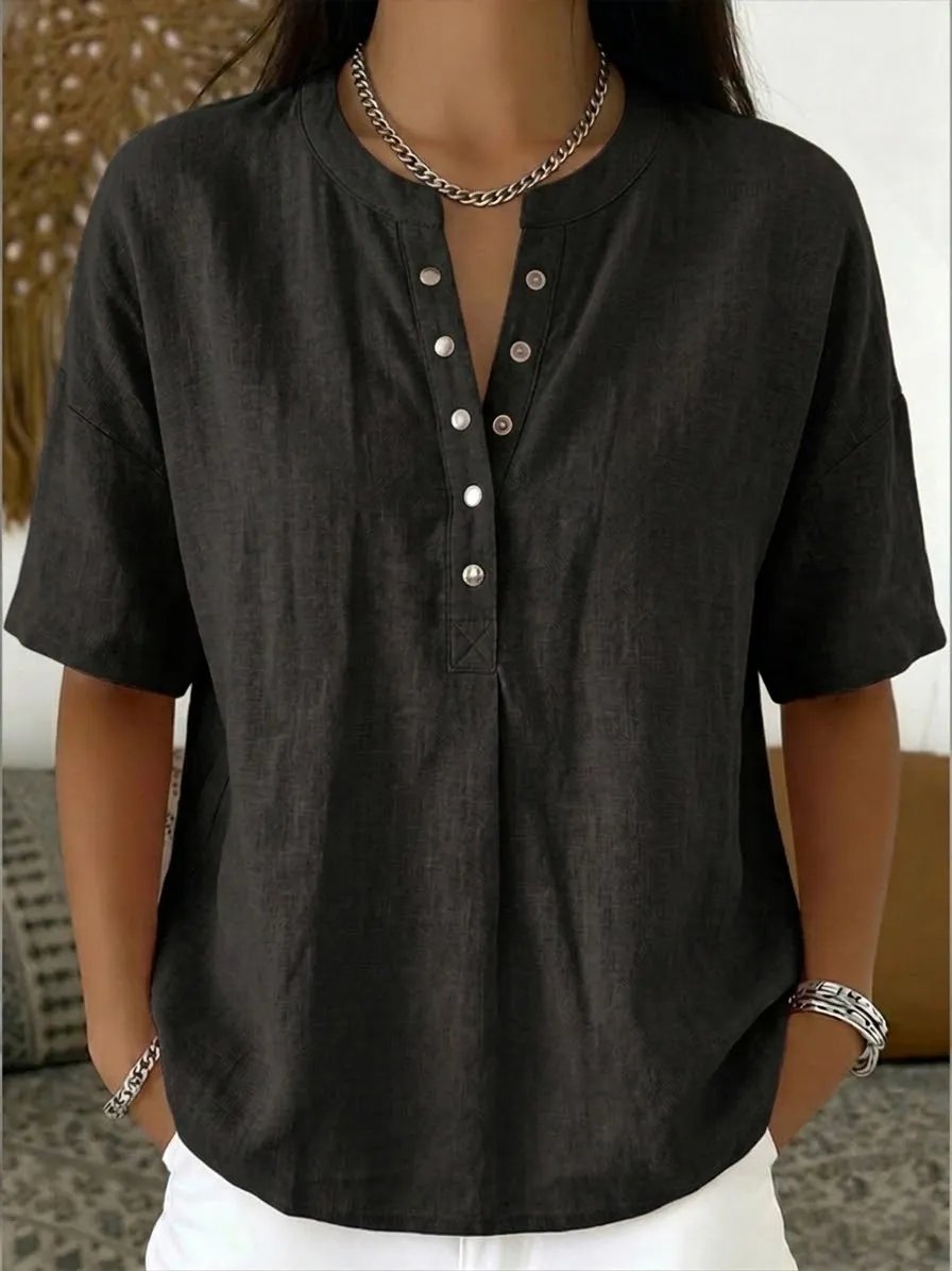 New Arrivals Women’s Casual Henley Collar Linen And Cotton Short-sleeve Shirt