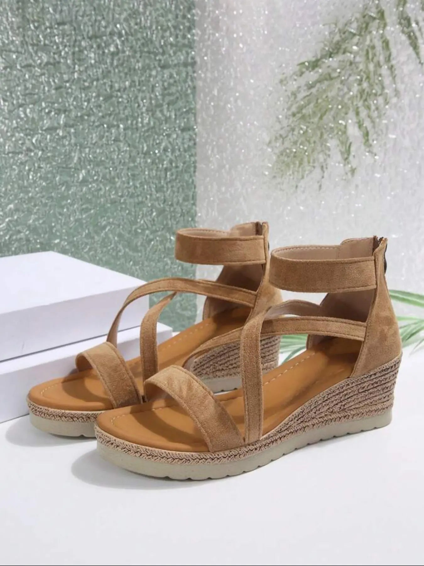 Women's Velvet Wedge Sandals – Chunky Sole, Cross-Strap